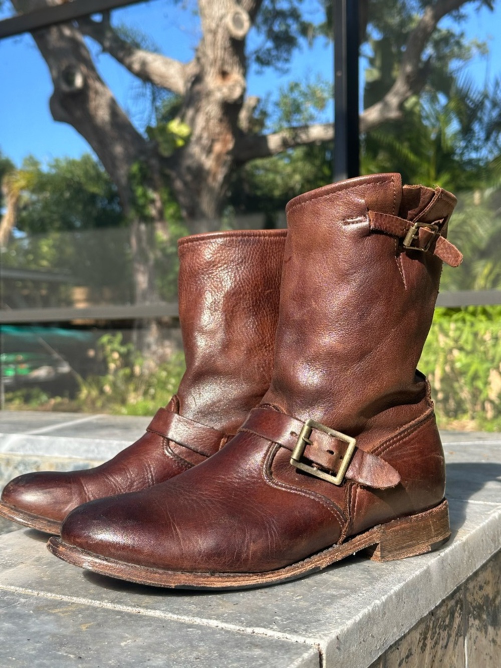 Vintage Shoe Co J24136 Chestnut Leather Riding Boot Slouch With 2 Buckles 7.5 M - Picture 2 of 10
